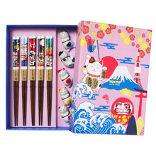 5 Pair Chopsticks with Neko Cat Rests Gift Set
